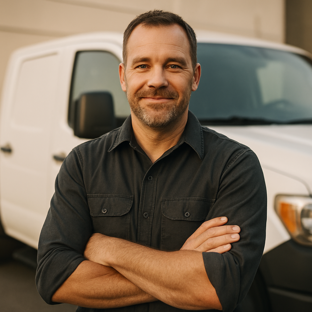 Beezer, wildland firefighter and founder, standing in front of his service truck